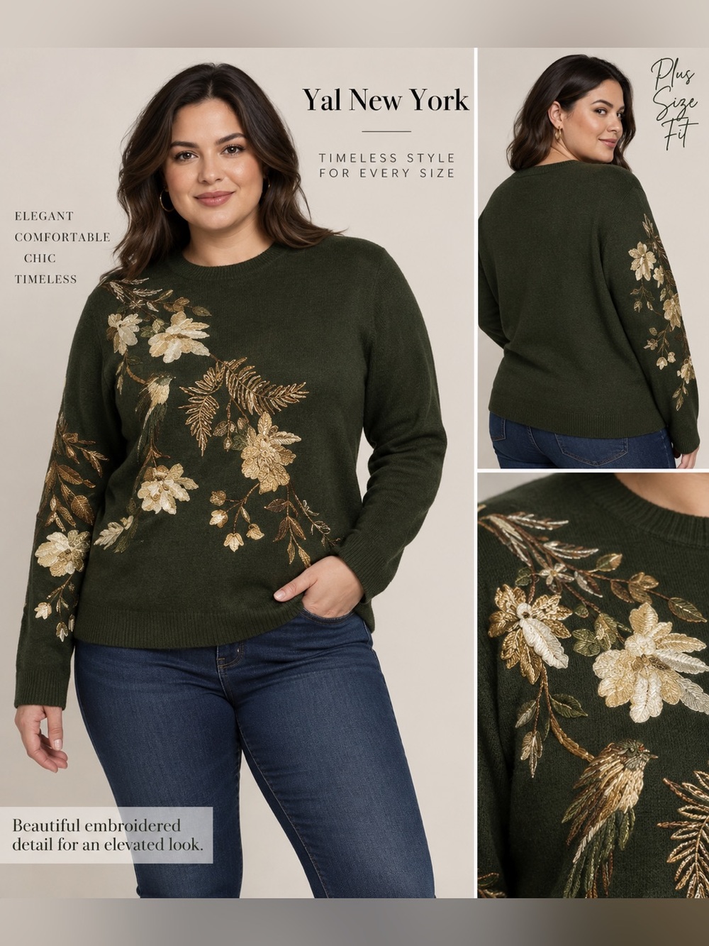 Yal New York Olive Green Gold Floral Embroidered Sweater Plus 2X NWT